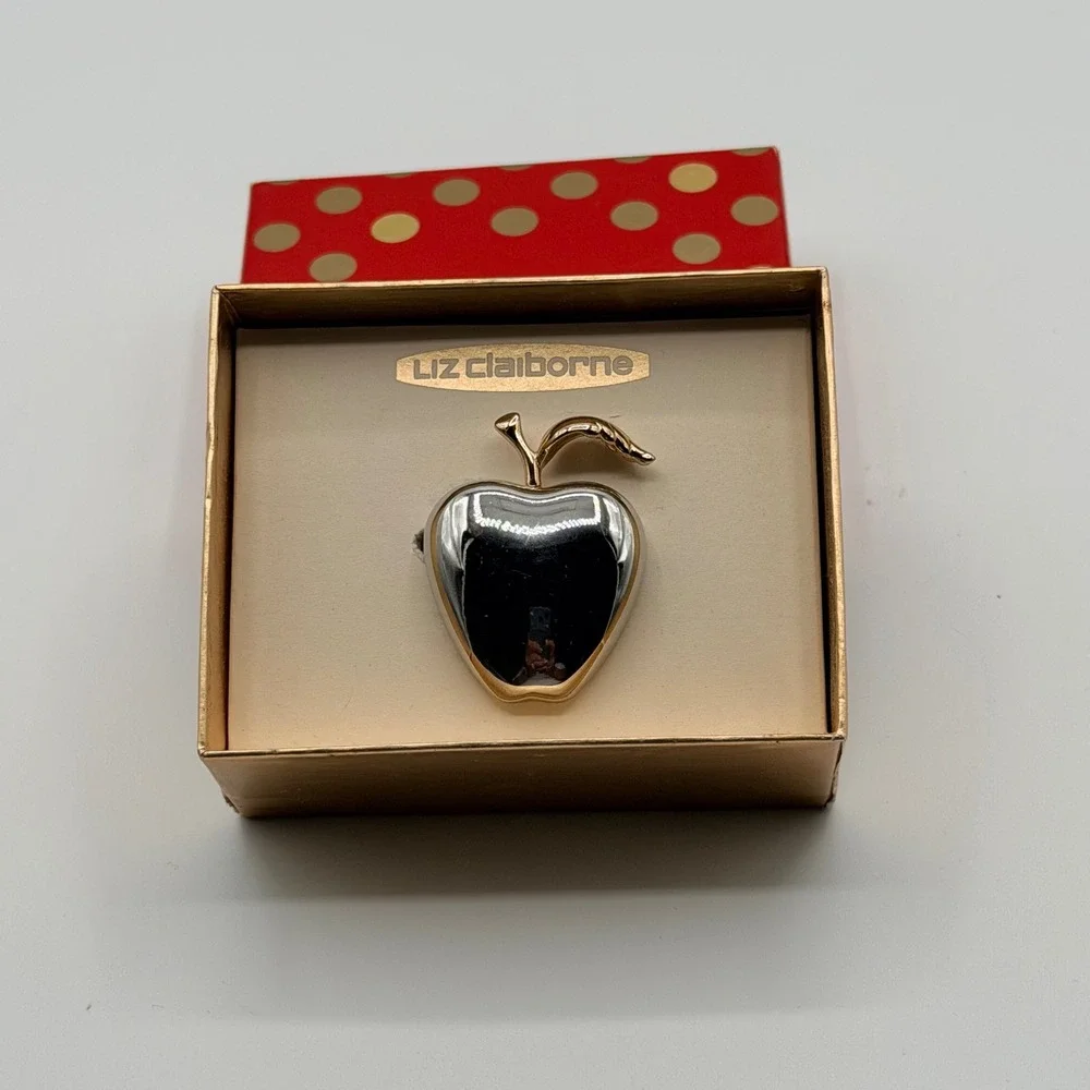 Liz Claiborne Apple Brooch Women OS Silver Gold Two-Tone Vintage Teacher Pin
